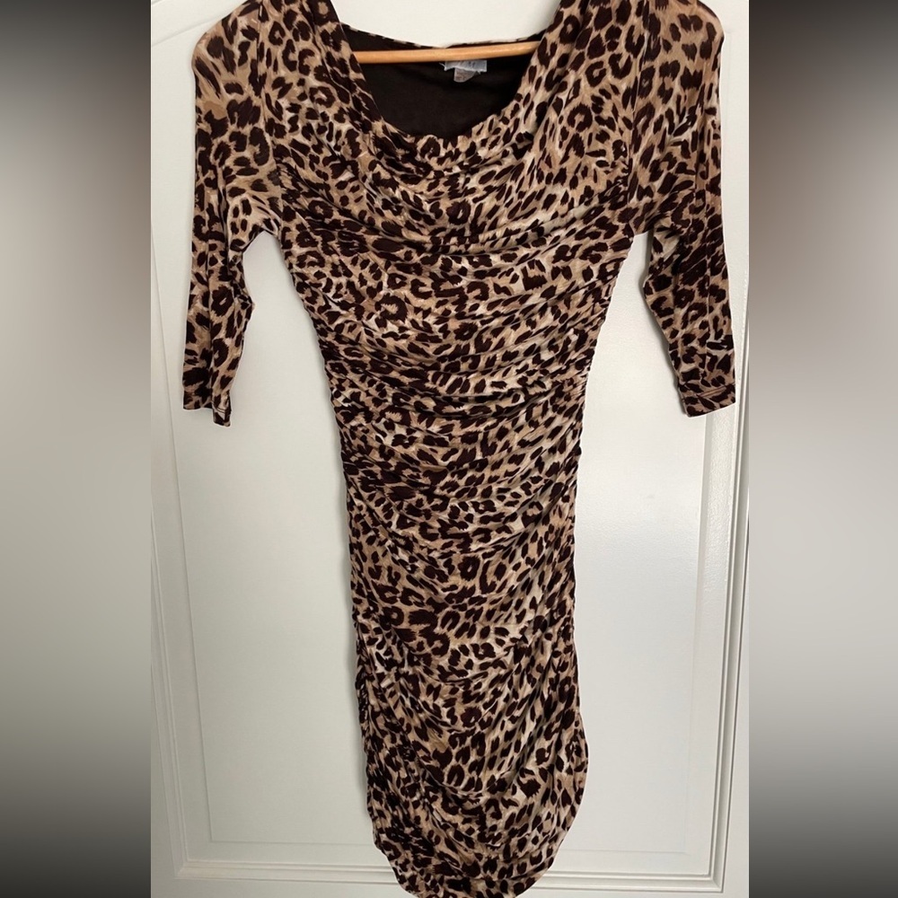 H&M Brown Leopard Print 3/4 Ruched Sleeve Dress